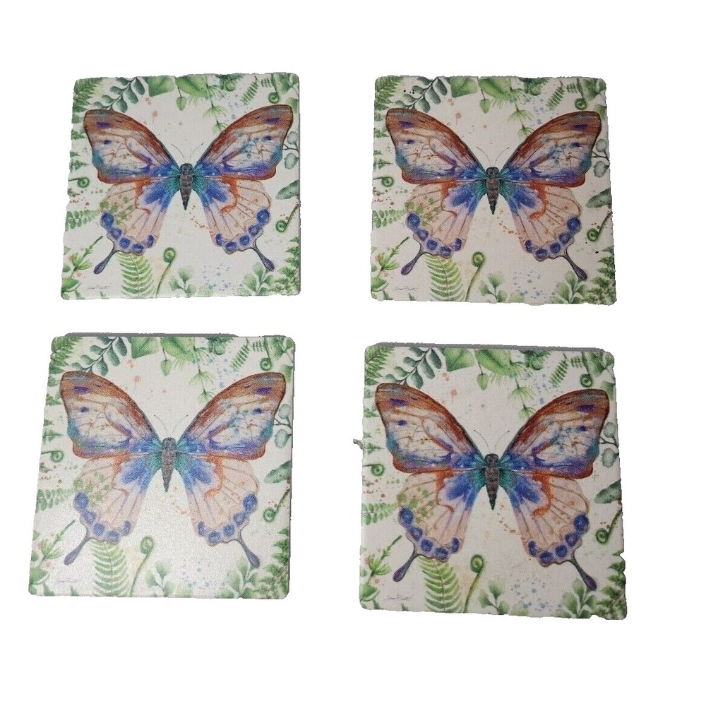VTG Thirstystone Stoneware Botanical Butterfly Coaster Set of 4 Square